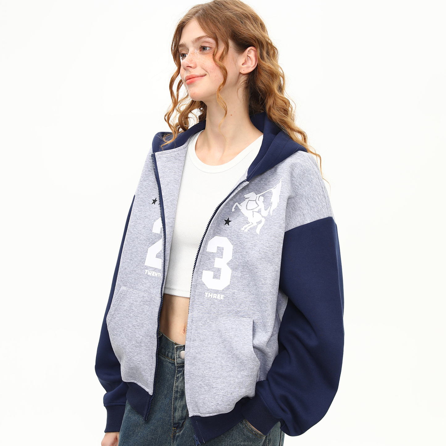 美式復古重磅開衫連帽衛衣女高克重印花潮牌拉鍊外套