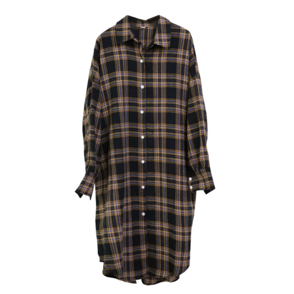 襯衫女外穿百搭直筒復古黑色長袖早秋季磨毛格子寬鬆中長款連衣裙