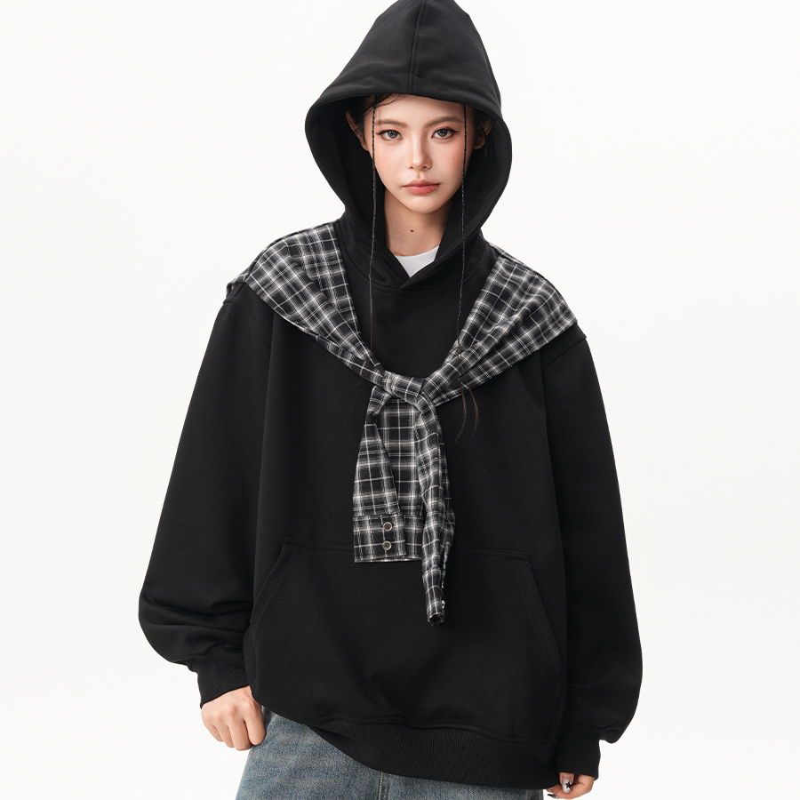 撞色格子披肩假兩件連帽衛衣女秋季小眾設計感慵懶百搭上衣