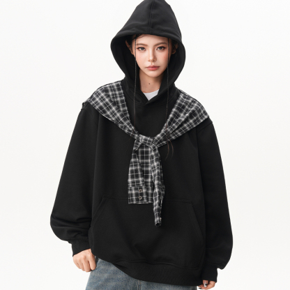 撞色格子披肩假兩件連帽衛衣女秋季小眾設計感慵懶百搭上衣