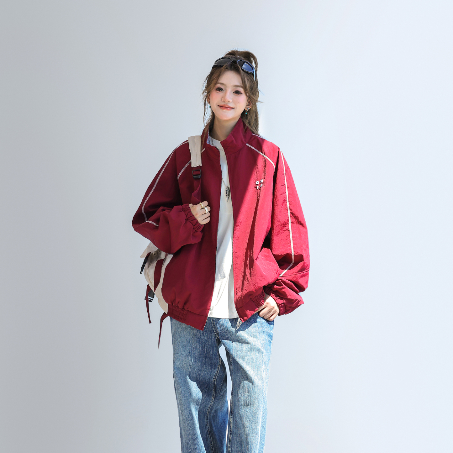 2025新款美式復古撞色拼接寬鬆立領休閒夾克女