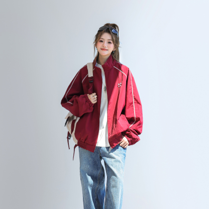 2025新款美式復古撞色拼接寬鬆立領休閒夾克女