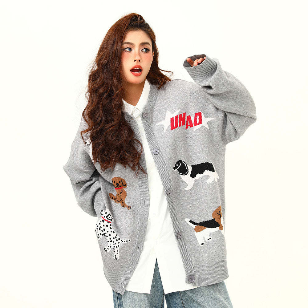 美式復古卡通小狗刺繡針織開衫毛衣女秋季新款慵懶風上衣