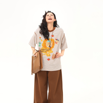 撞色條紋氛圍感美式復古短袖T恤女夏季學院感上衣