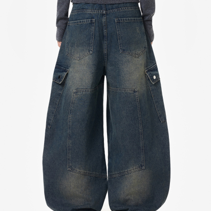 水洗解構拼接重磅牛仔褲女美式潮牌工裝直筒闊腿長褲子