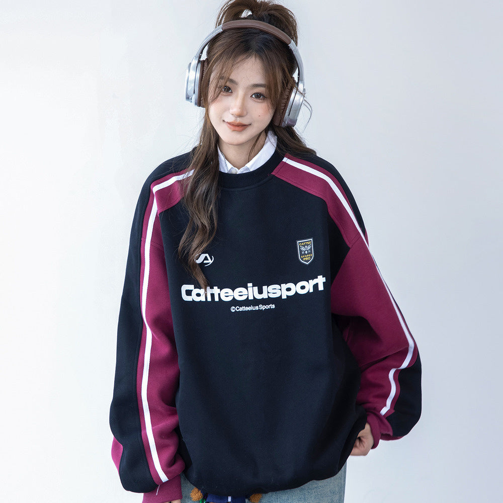 圓領衛衣女春秋oversize潮牌高級感印花拼色寬鬆上衣