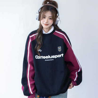 圓領衛衣女春秋oversize潮牌高級感印花拼色寬鬆上衣