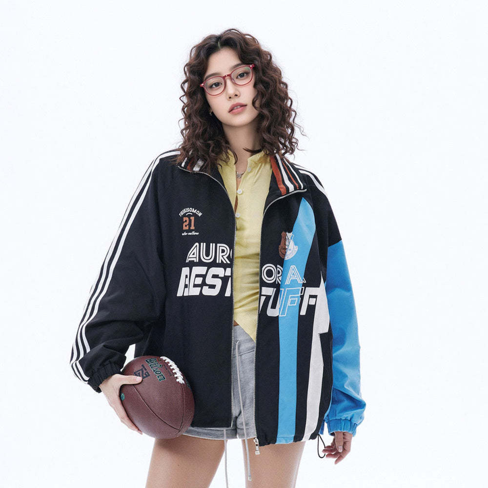 復古拼色運動外套女春季2025新款美式印花夾克寬鬆條紋設計感上衣