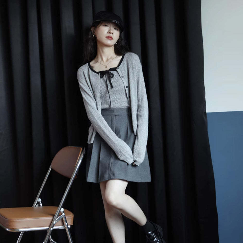 針織設計感開衫外套灰色兩件套小衫秋季新款小眾復古上衣