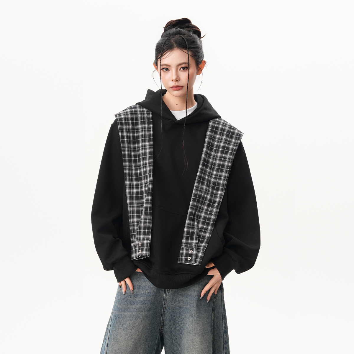 撞色格子披肩假兩件連帽衛衣女秋季小眾設計感慵懶百搭上衣