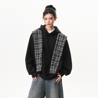 撞色格子披肩假兩件連帽衛衣女秋季小眾設計感慵懶百搭上衣