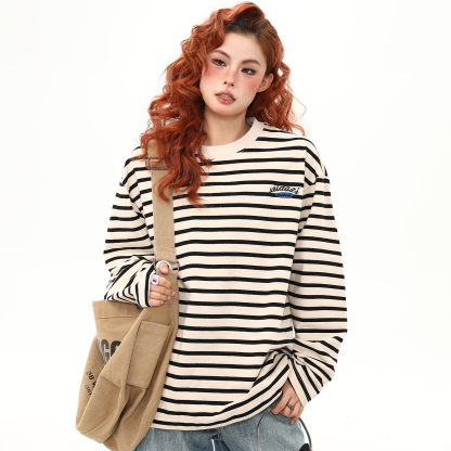 美式復古300G重磅條紋長袖T恤女早秋寬鬆上衣