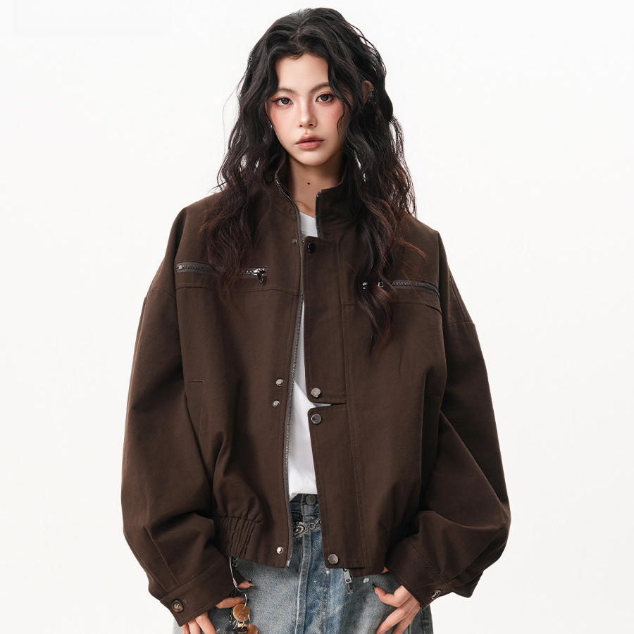 美式巴恩風立領工裝牛仔外套女秋季新款復古高級感短款機車夾克