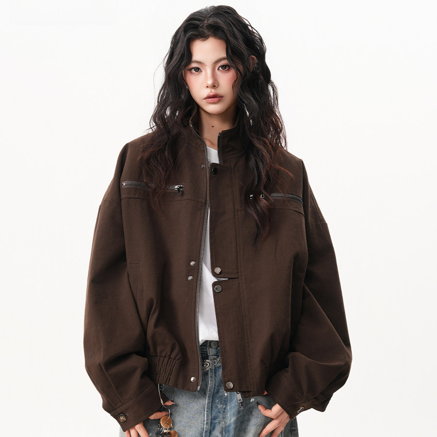 美式巴恩風立領工裝牛仔外套女秋季新款復古高級感短款機車夾克