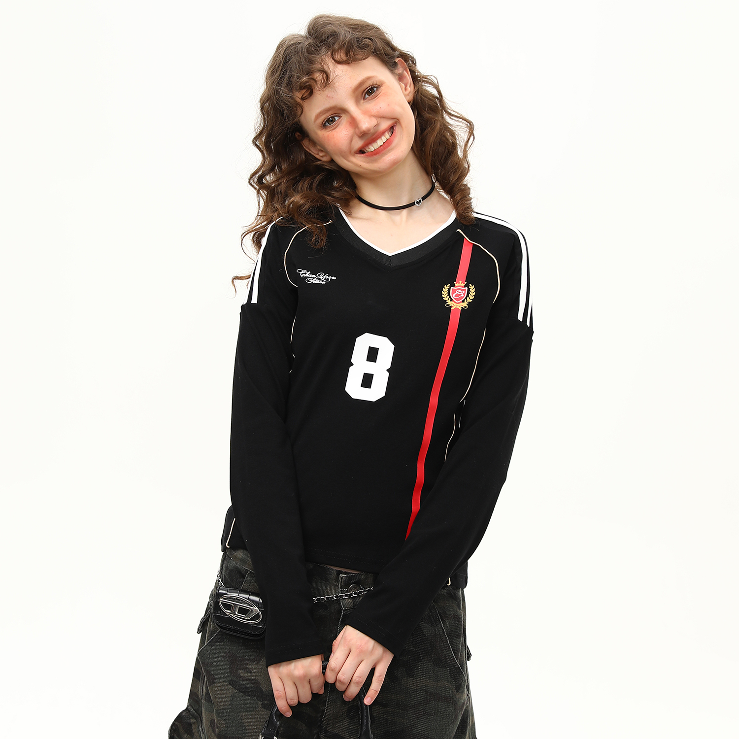 美式復古球衣V領辣妹長袖正肩T恤女秋季短款顯瘦修身上衣