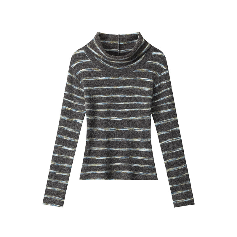 秋冬條紋打底衫女軟糯修身長袖T恤女緊身內搭氛圍感高領