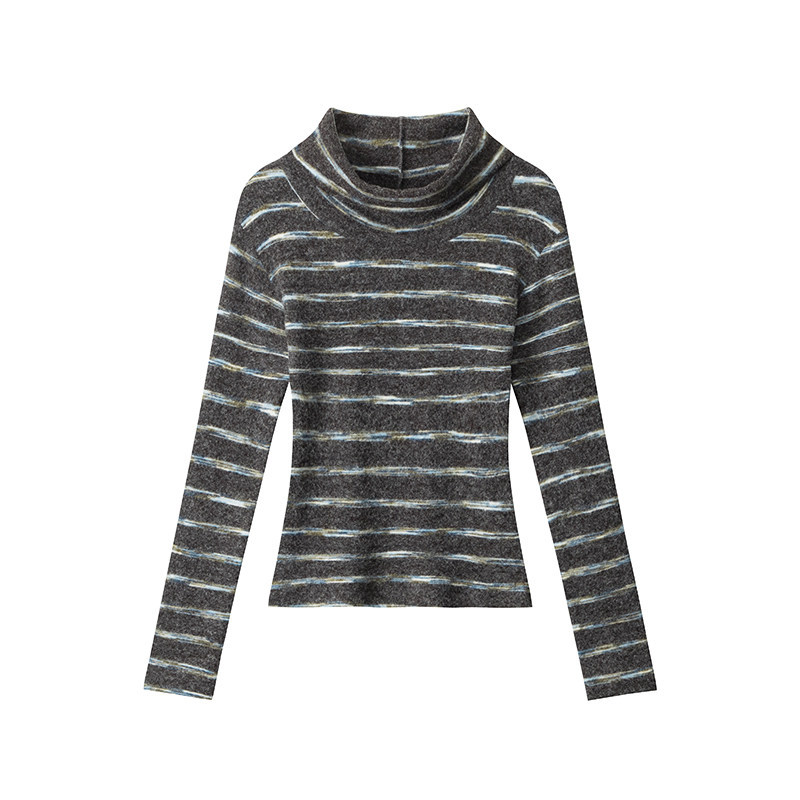 秋冬條紋打底衫女軟糯修身長袖T恤女緊身內搭氛圍感高領