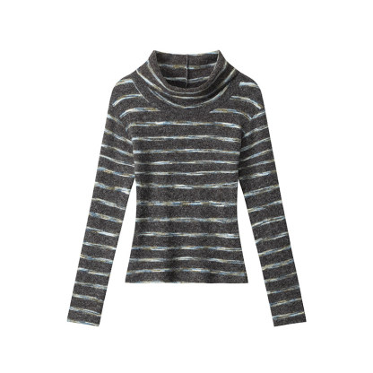 秋冬條紋打底衫女軟糯修身長袖T恤女緊身內搭氛圍感高領