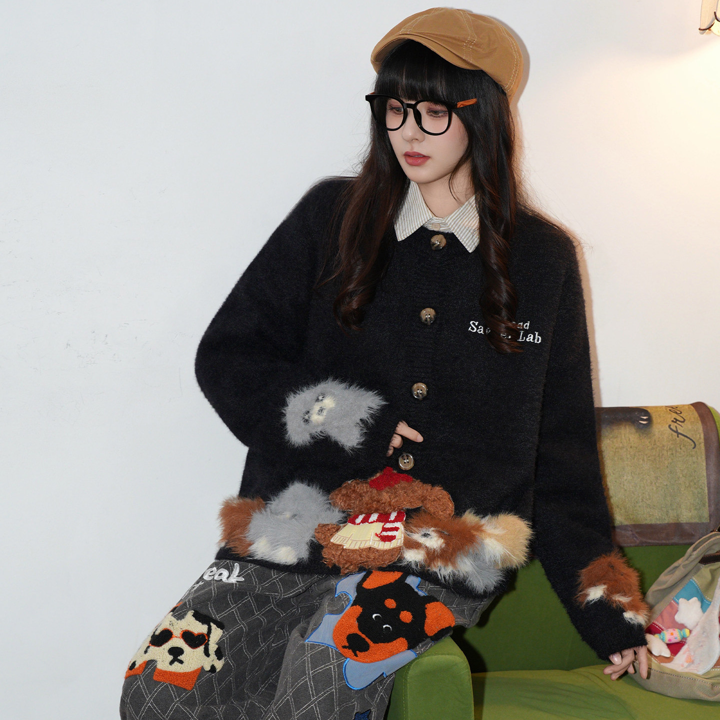 美式復古立體小狗刺繡針織毛衣女慵懶風寬鬆開衫外套