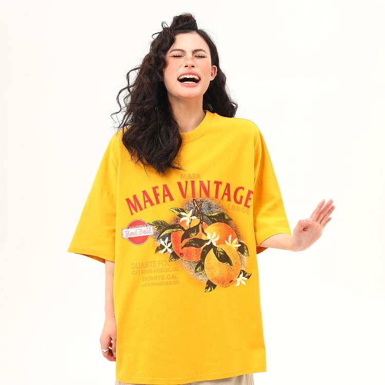 美式復古橘子印花薑黃色短袖T恤女夏季氛圍感穿搭半袖tee
