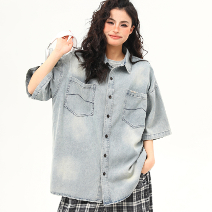 美式復古水洗牛仔短袖襯衫女夏季潮流百搭外穿襯衣