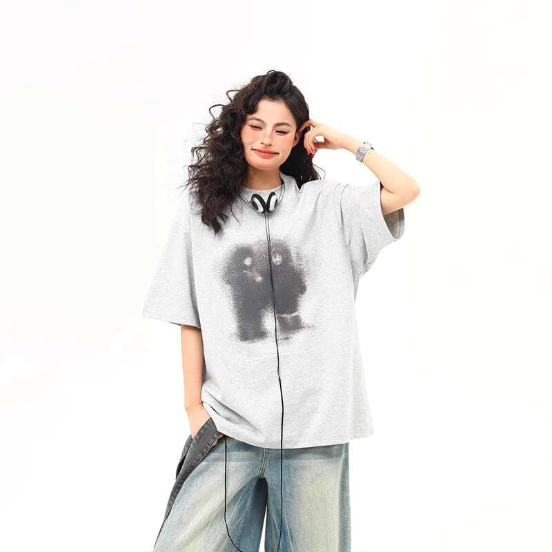夏季新款美式復古模糊人物印花短袖T恤女寬鬆百搭tee