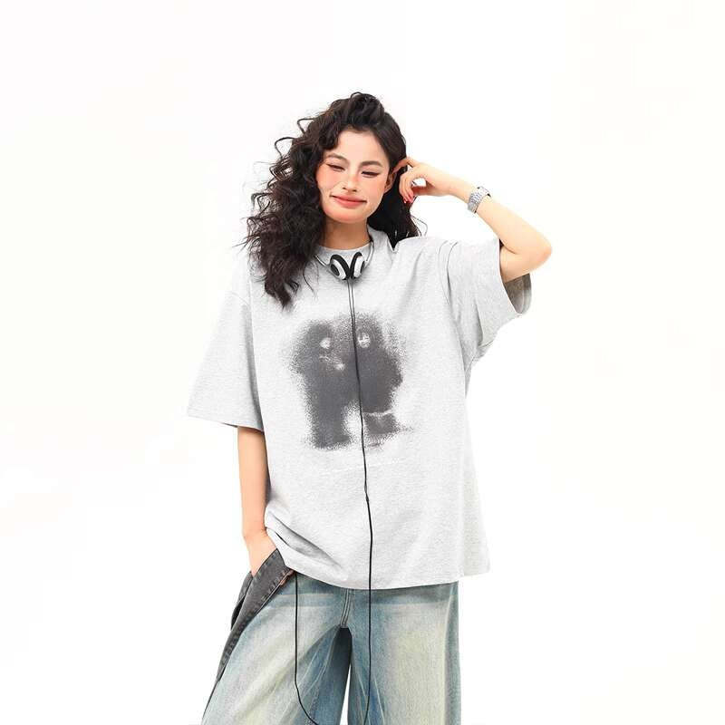 夏季新款美式復古模糊人物印花短袖T恤女寬鬆百搭tee