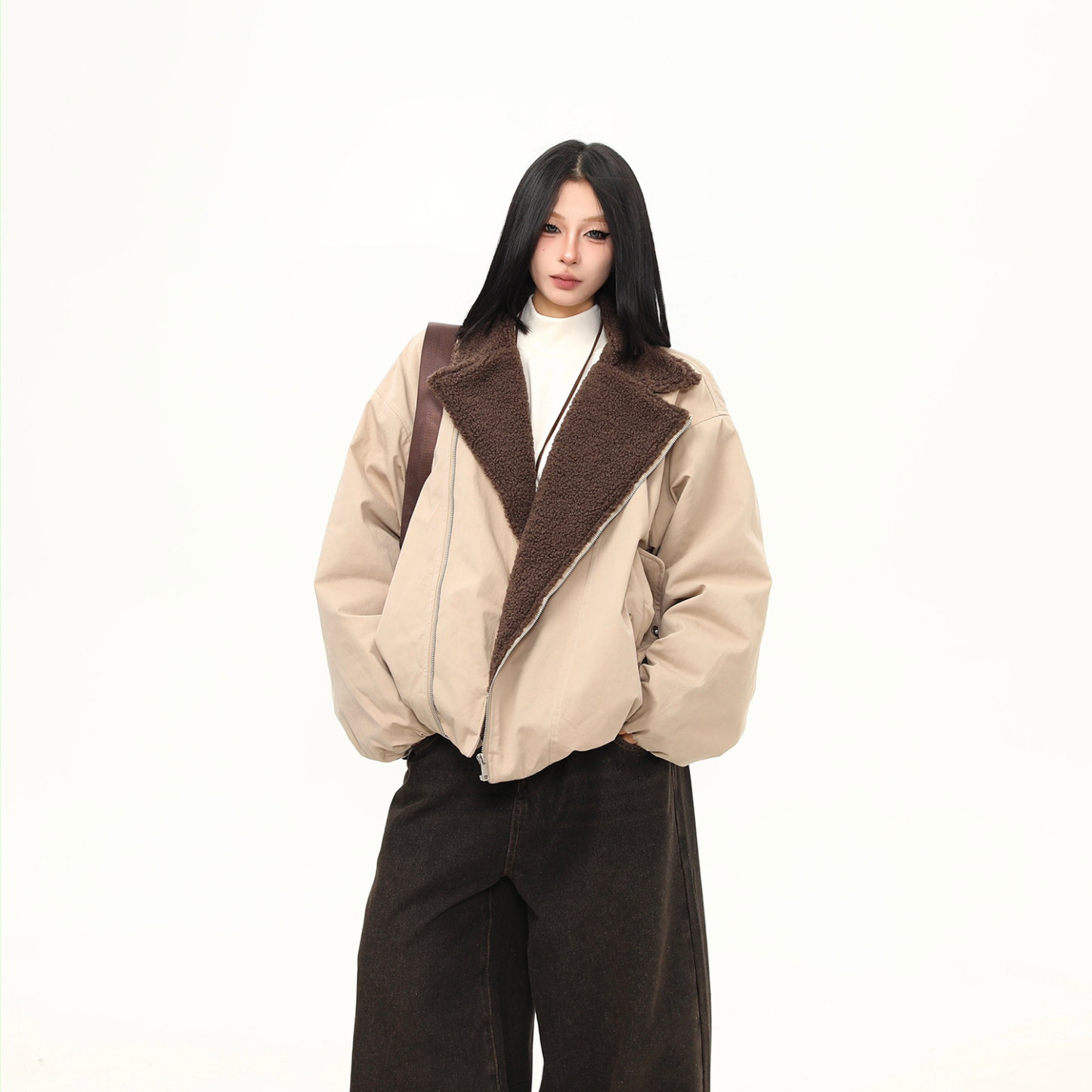 冬季拉鍊斜襟設計感羊羔絨棉服外套女寬鬆加厚保暖棉衣