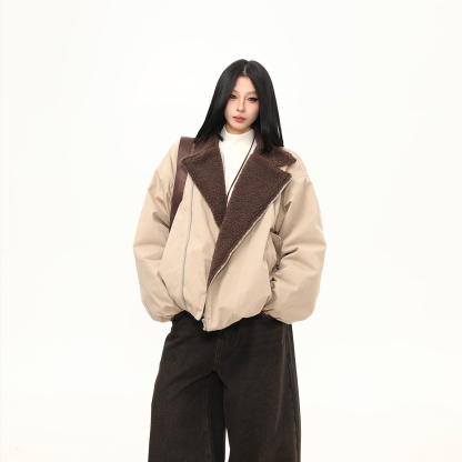 冬季拉鍊斜襟設計感羊羔絨棉服外套女寬鬆加厚保暖棉衣