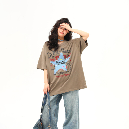 美式復古星星貼布刺繡短袖T恤女寬鬆百搭上衣