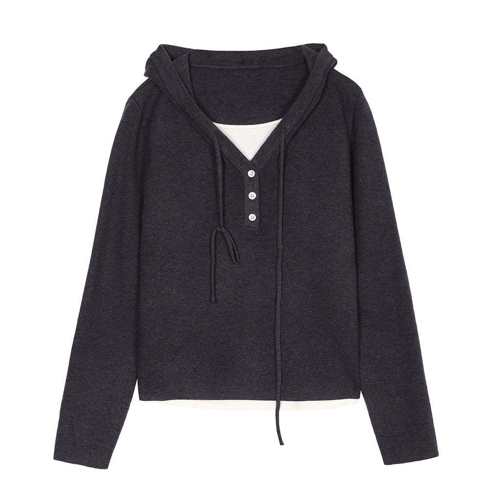 深灰色假兩件連帽針織衫女2025春季修身顯瘦上衣