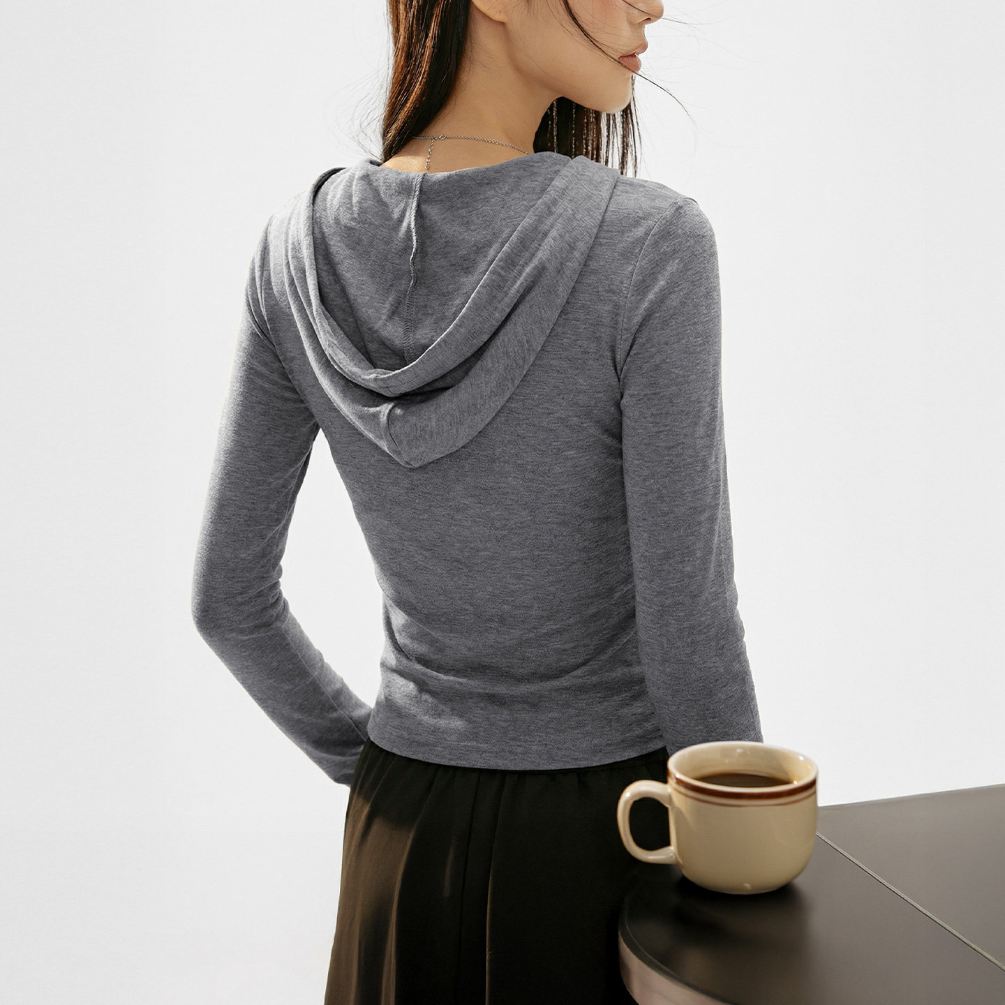 灰色V領連帽半拉鍊衛衣短款修身顯瘦長袖T恤打底衫上衣女士春