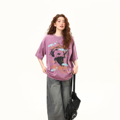 2026夏季新款美式復古水洗做舊印花短袖T恤女百搭tee