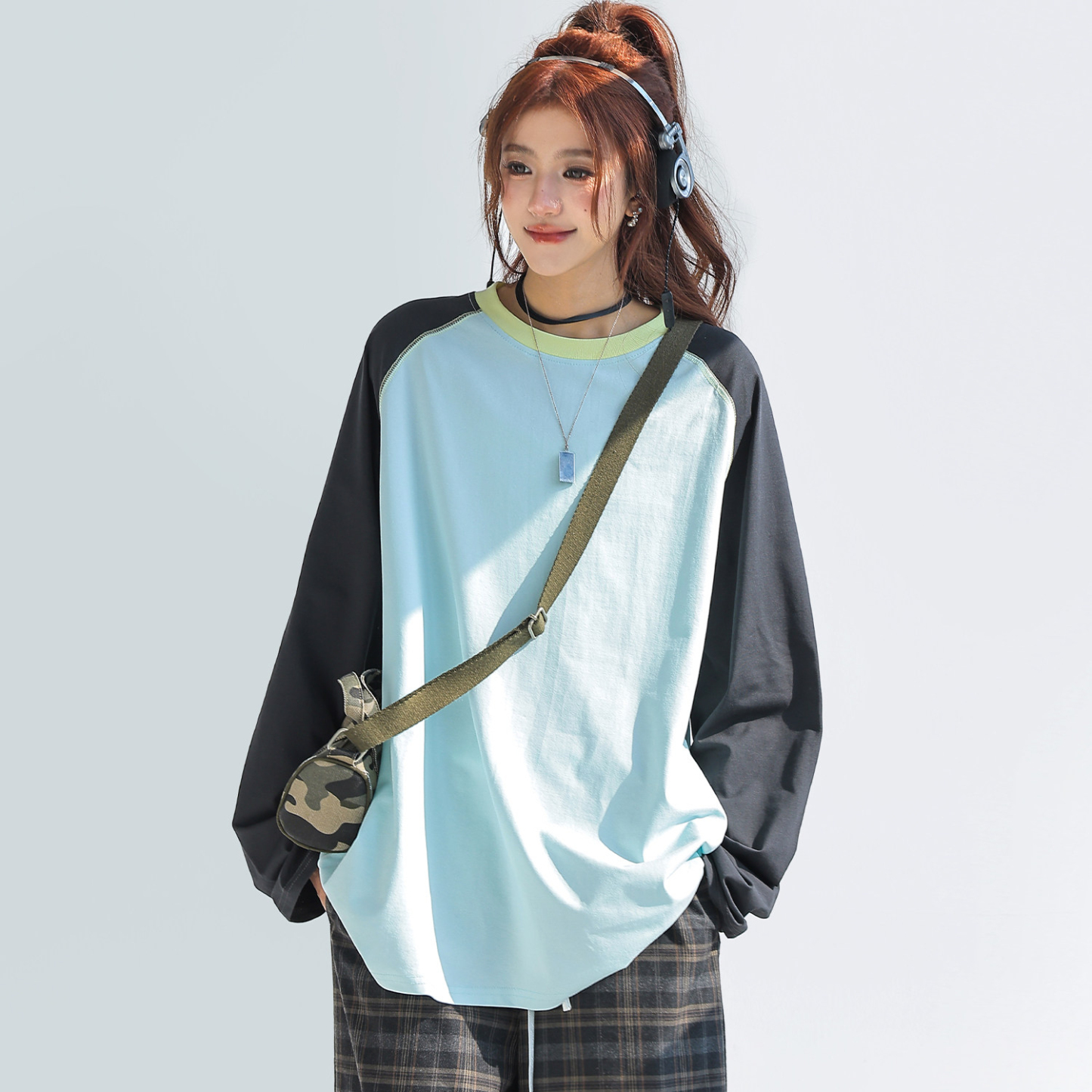 索羅娜撞色拼接插肩長袖上衣女內搭可外穿打底衫t恤