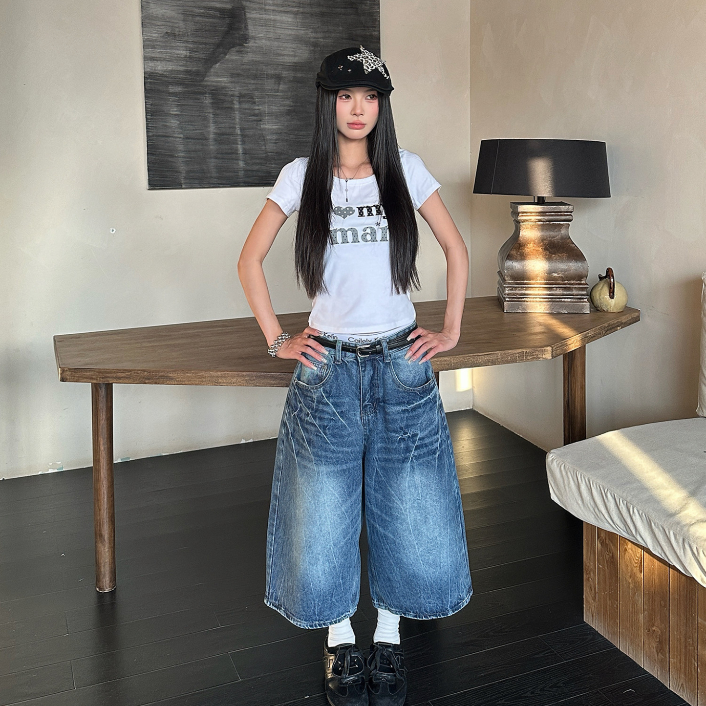 美式復古水洗閃電紋寬鬆七分牛仔褲女街頭潮流寬鬆短褲子