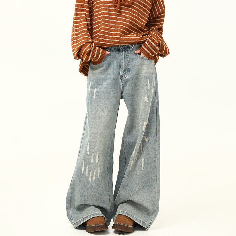 美式復古做舊磨破設計感牛仔褲女寬鬆闊腿拖地老爹褲子