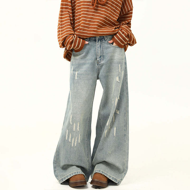 美式復古做舊磨破設計感牛仔褲女寬鬆闊腿拖地老爹褲子