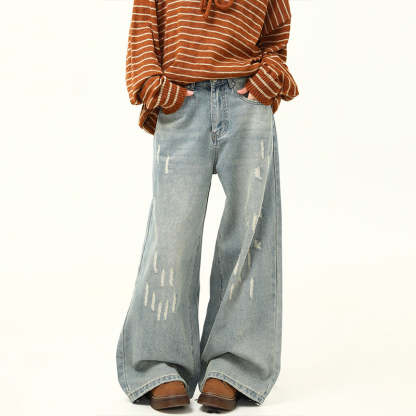 美式復古做舊磨破設計感牛仔褲女寬鬆闊腿拖地老爹褲子
