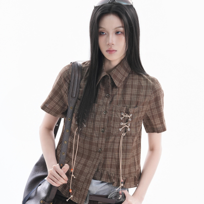 復古個性設計感綁帶短款襯衫女ins不規則木耳邊短袖