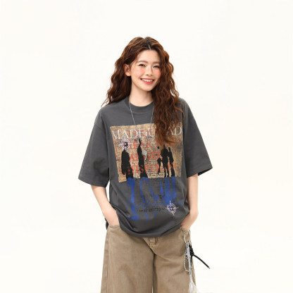 美式復古做舊印花短袖T恤女夏季新款寬鬆百搭上衣