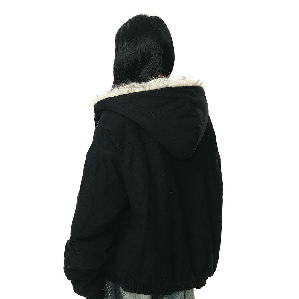 美式復古座山雕毛領外套女冬季加絨加厚保暖潮牌棉服