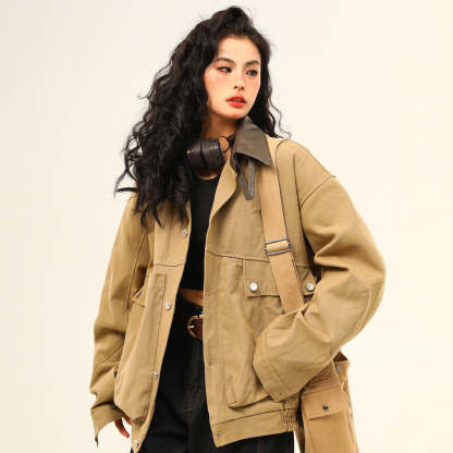 美式復古工裝巴恩風潮牌夾克外套女春季新款翻領上衣