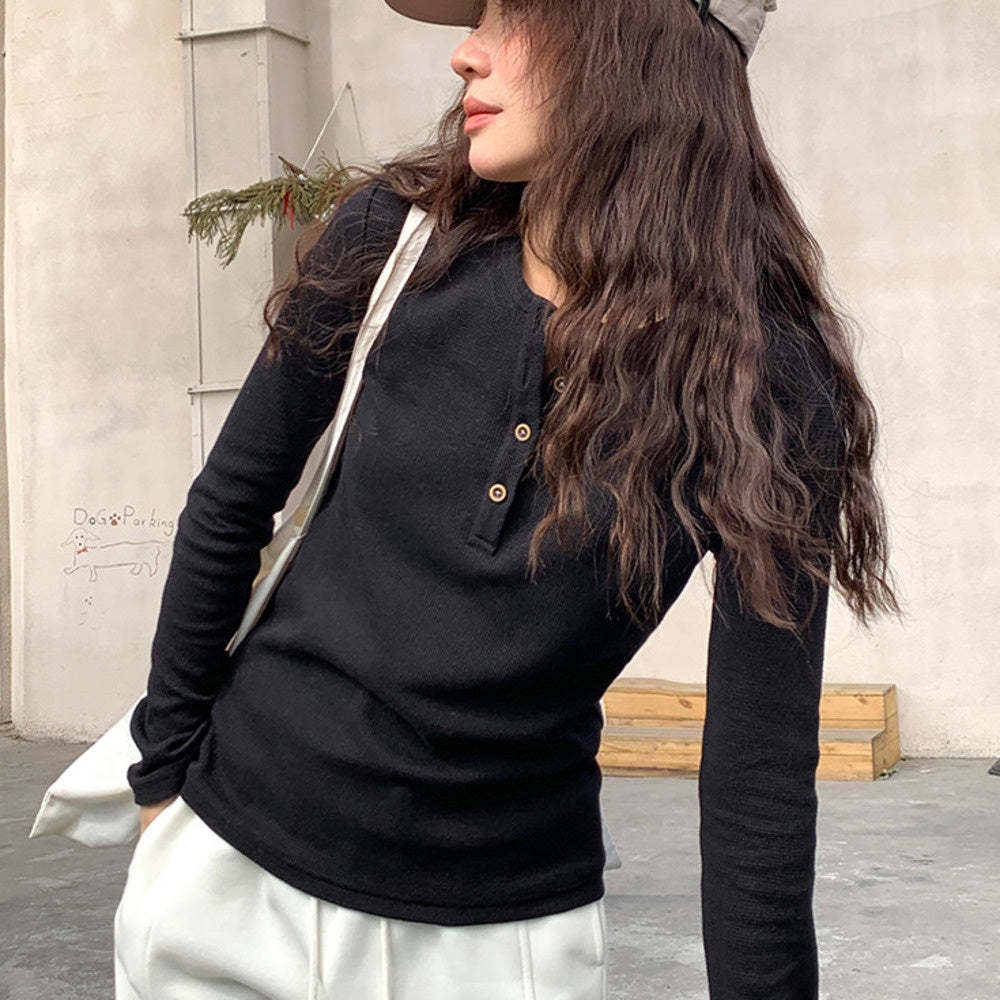 基礎款百搭春華夫格長袖打底衫女正肩小個子純棉上衣