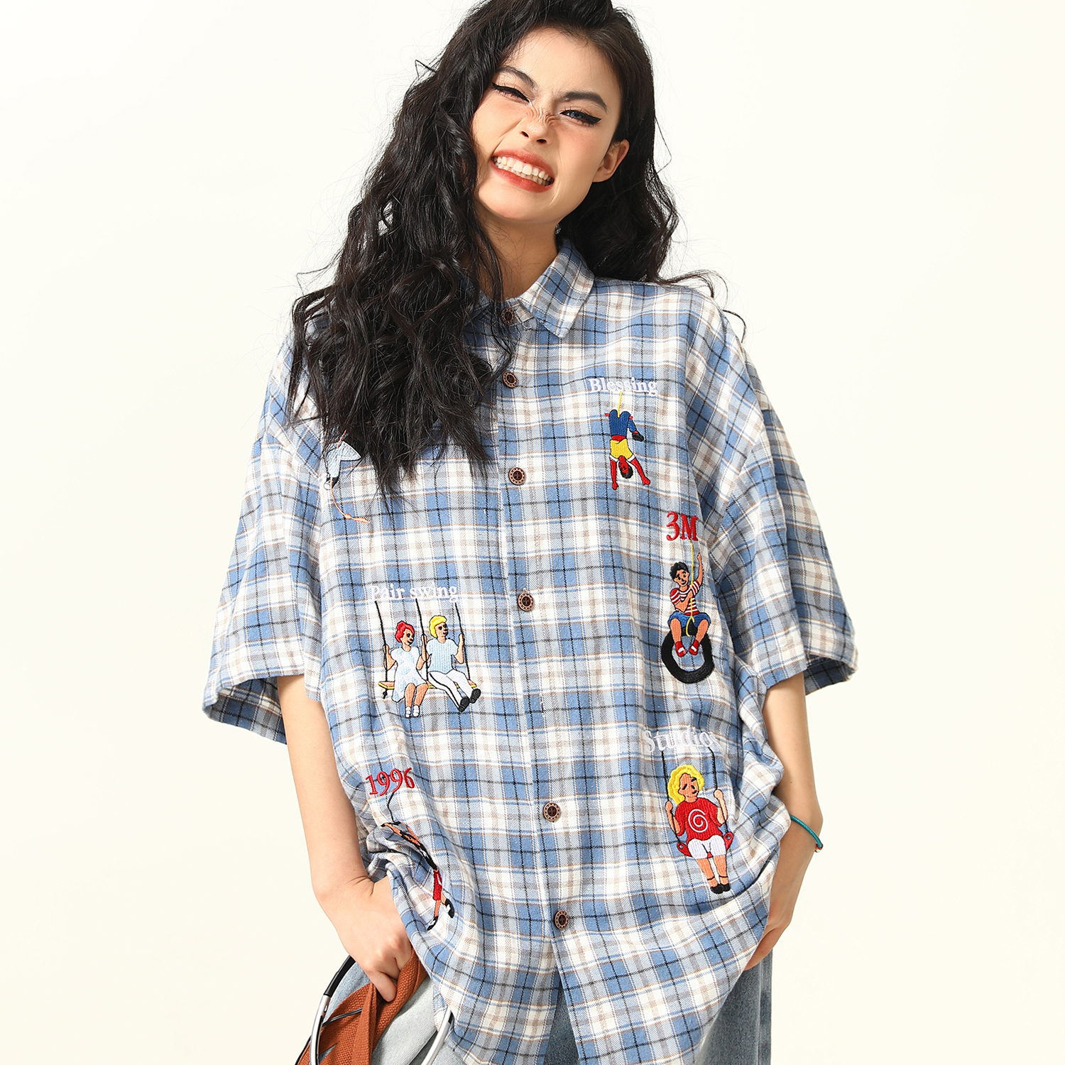 美式復古格子短袖襯衫女刺繡小眾設計感夏季百搭襯衣