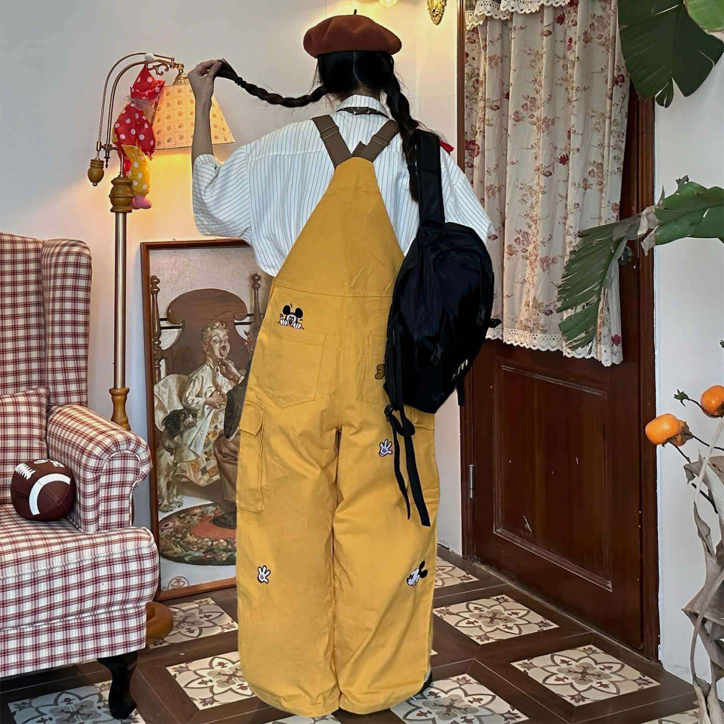 古著風米奇復古休閒背帶褲女寬鬆bf美式黃色闊腿連體長褲春秋