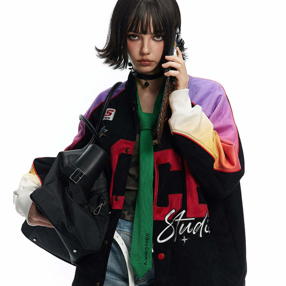 霓虹光影麂皮絨棒球服外套女寬鬆百搭賽車服夾克
