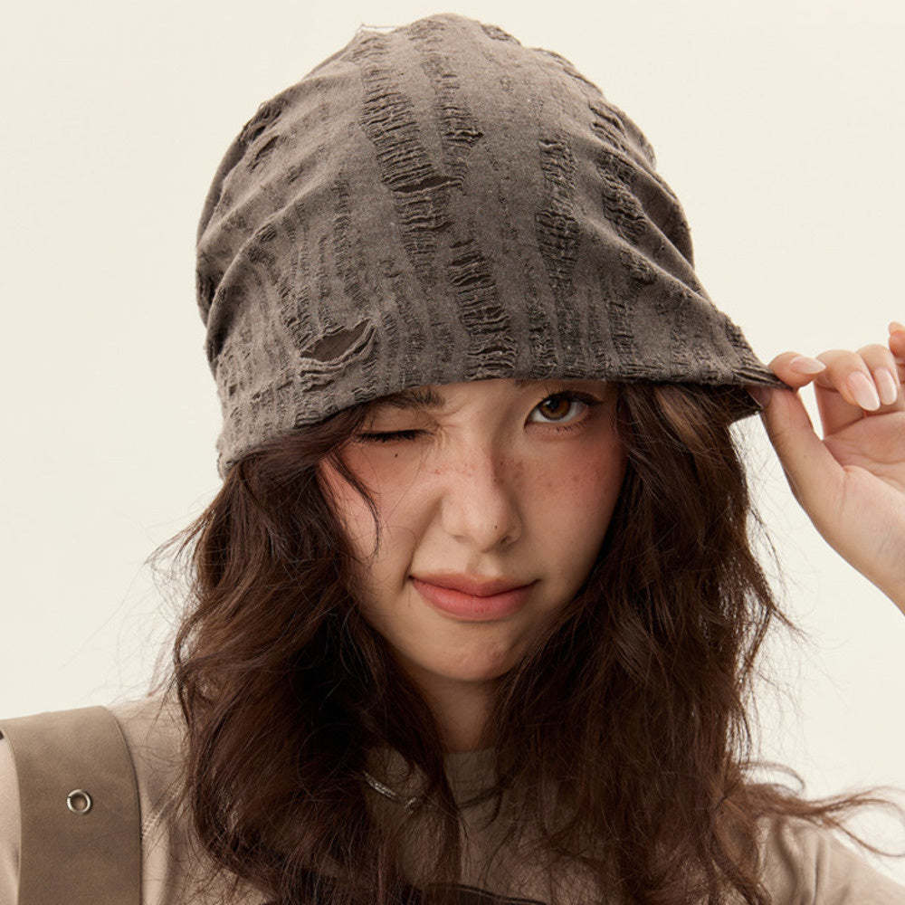 美式復古破洞做舊堆堆帽女咖啡色顯臉小棕色街頭休閒包頭巾冷帽子