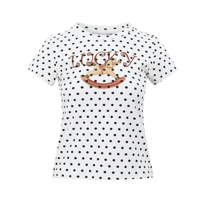 正肩T恤女美式復古辣妹波點短袖夏季短款收腰顯瘦上衣