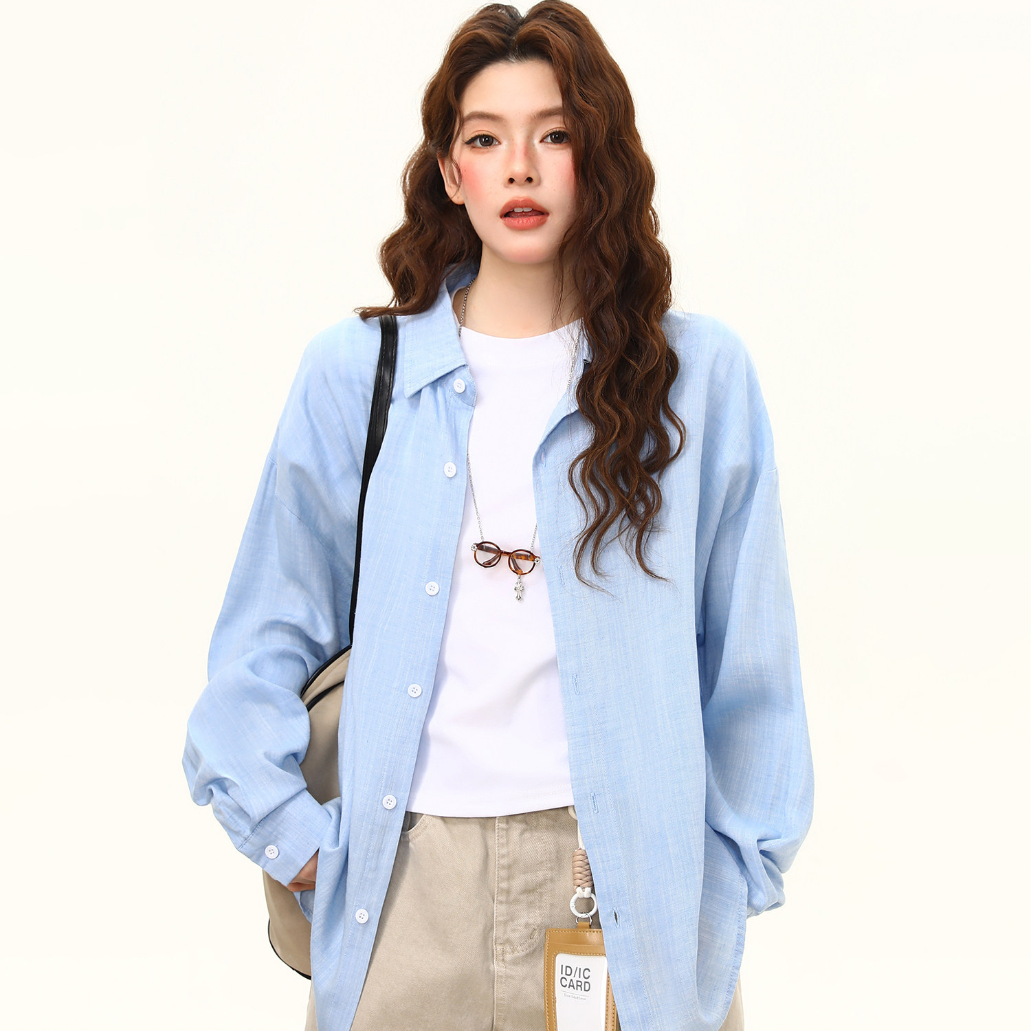 亞麻混紡美式藍色長袖襯衫女早秋新款慵懶風寬鬆百搭襯衣