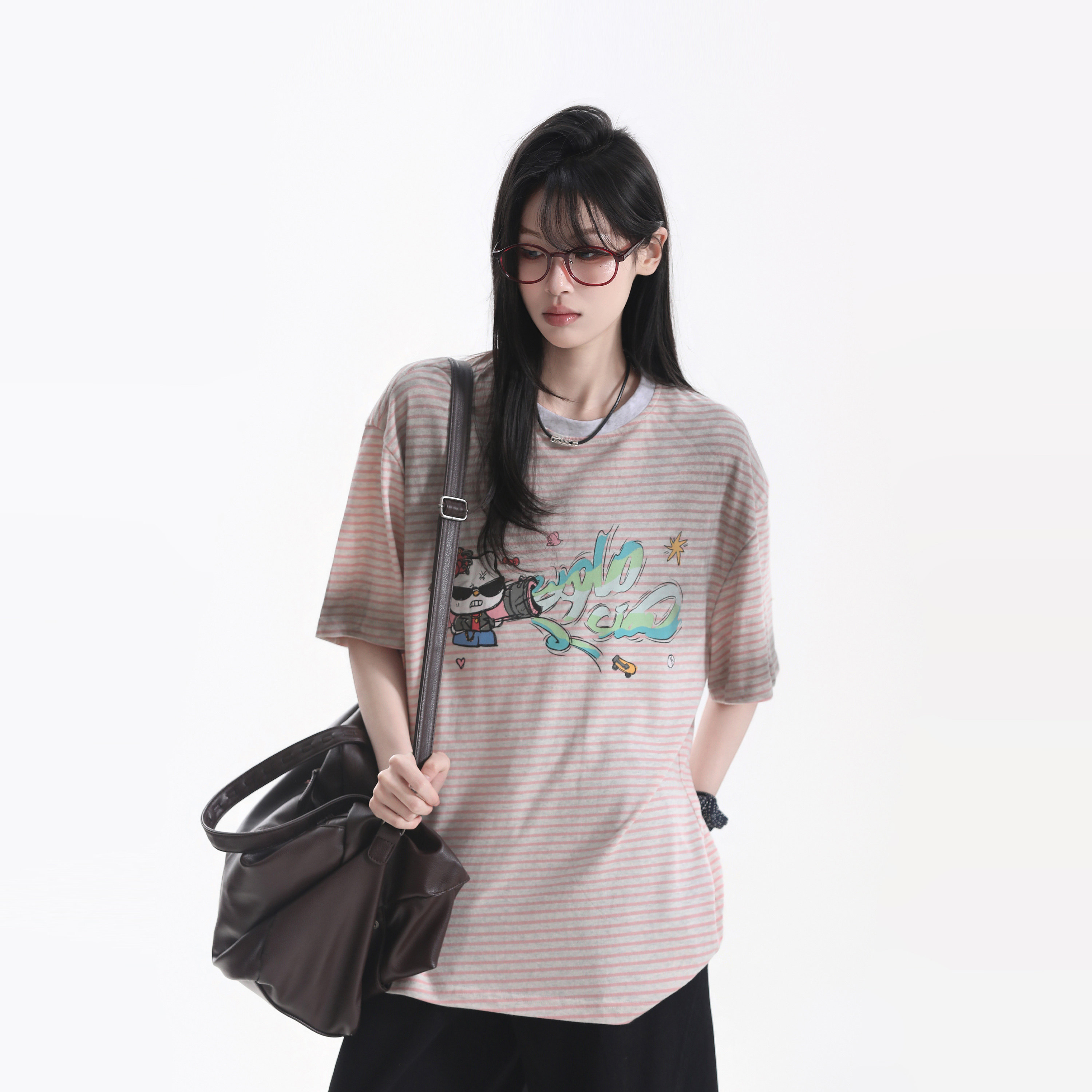 設計感趣味kitty猫印花條紋短袖做舊漸變寬鬆半袖T恤